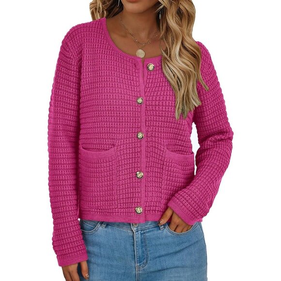 Women's Knit Cardigan Sweater – Chunky Button Down Open Front Jacket Pink Large - Picture 2 of 8